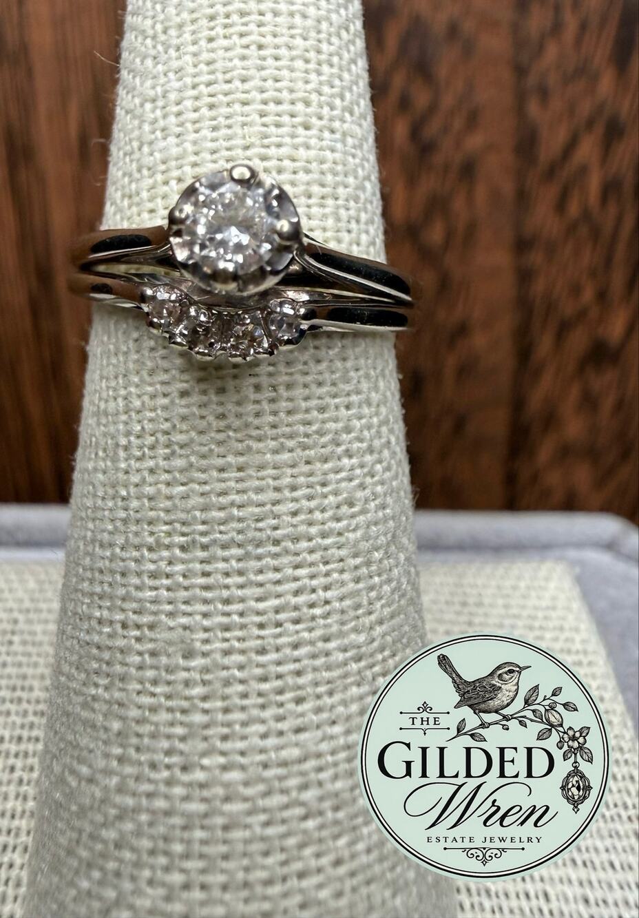 Vintage 14K Gold Diamond Bridal Set Ring Size 5.5 3.5mm Center 2.65g